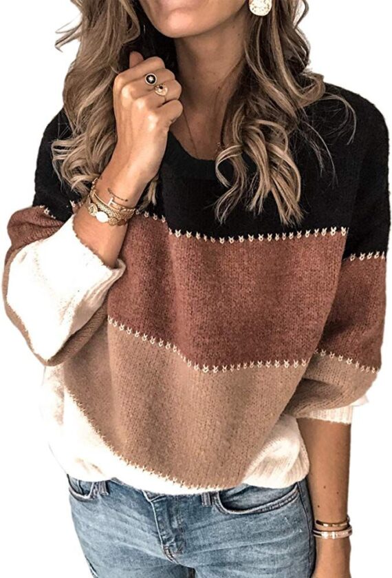 Womens Casual Crewneck Pullover Angashion Women's Sweaters Casual Long Sleeve Crewneck Color Block Patchwork Pullover Knit Sweater Tops