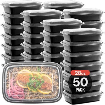 Reusable Storage Lunch Boxes 50-Pack Meal Prep Plastic Microwavable Food Containers For Meal Prepping With Lids 28 oz. 1 Compartment Black Rectangular Reusable Storage Lunch Boxes -BPA-Free Food Grade -Freezer & Dishwasher Safe