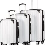 Coolife Luggage Expandable 3 Piece Sets PC+ABS Spinner Suitcase 20 inch 24 inch 28 inch (white grid)