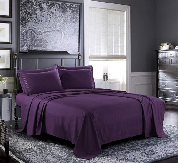 PURE BEDDING Bed Sheets - Queen Sheet Set [6-Piece, Purple] - Hotel Luxury 1800 Brushed Microfiber - Soft and Breathable - Deep Pocket Fitted Sheet, Flat Sheet, Pillow Cases