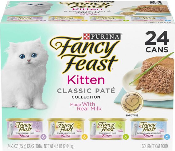 Pate Wet Kitten Food Purina Fancy Feast Grain Free Pate Wet Kitten Food Variety Pack, Kitten Classic Pate Collection, 4 flavors - (24) 3 oz. Boxes