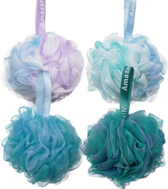 AmazerBath Shower Bath Sponge Shower Loofahs Balls 75gPCS for Body Wash Bathroom Men Women- Set of 4 Flower Color Sponges