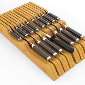 Binken Bamboo In-Drawer Knife Block Set for 14 Knives and Knife Sharpener(Not Included),Large/small Steak Kitchen Knife Holder,Knife Drawer Organizer Insert for Most Drawers For Kitchen