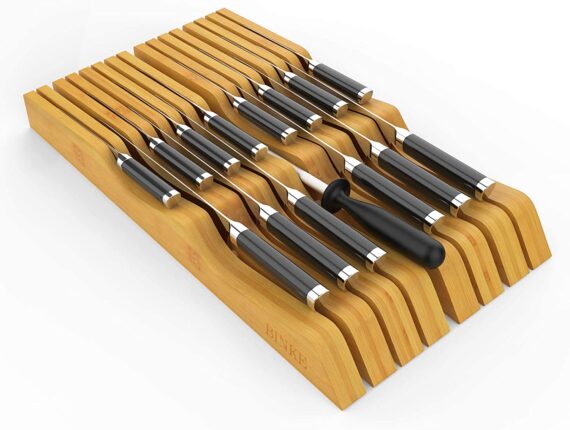 Binken Bamboo In-Drawer Knife Block Set for 14 Knives and Knife Sharpener(Not Included),Large/small Steak Kitchen Knife Holder,Knife Drawer Organizer Insert for Most Drawers For Kitchen