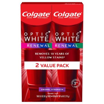 Colgate Optic White Renewal Teeth Whitening Toothpaste with Fluoride, 3% Hydrogen Peroxide, Enamel Strength - 3 Ounce (2 Pack)