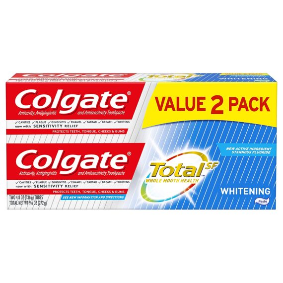 Colgate Total Whitening Toothpaste with Stannous Fluoride and Zinc, Sensitivity Relief and Cavity Protection Mint, 9.6 Ounce (Pack of 2)