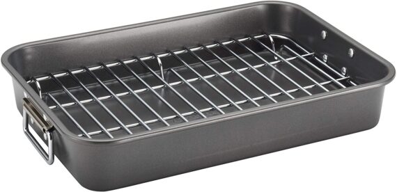 Farberware Bakeware Nonstick Steel Roaster with Flat Rack, 11-Inch x 15-Inch, Gray