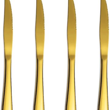 Gold Steak Knife Set, Kyrtaon Golden Serrated Knife, Titanium Gold Plating Stainless Steel Sharp Knives Set, Dinner Knifes Set of 4, Dishwasher Safe Sturdy And Easy To Clean
