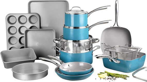 Gotham Steel Ocean Blue Pots and Pans, Complete Ceramic Cookware & Bakeware, Ultra Nonstick Durable Diamond Coating, Stainless Stay Cool Handles Oven & Dishwasher Safe, 100% PFOA Free, 20 Piece Set