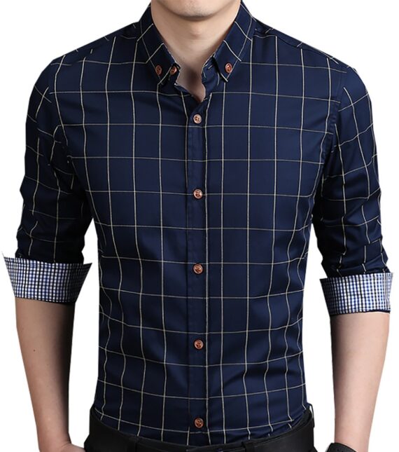 Men's Long Sleeve Shirt LOCALMODE Men's 100% Cotton Long Sleeve Plaid Slim Fit Button Down Dress Shirt