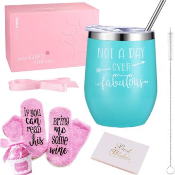 Lelife Christmas Gifts Birthday Gifts For Women For Female,Wine Tumbler And Novelty Socks (Blue Not A Day Over Fabulous, 12oz tumbler with socks)