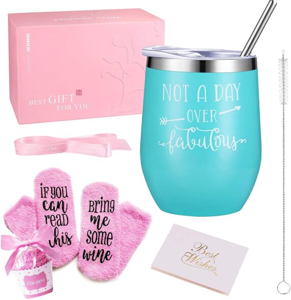 Lelife Christmas Gifts Birthday Gifts For Women For Female,Wine Tumbler And Novelty Socks (Blue Not A Day Over Fabulous, 12oz tumbler with socks)