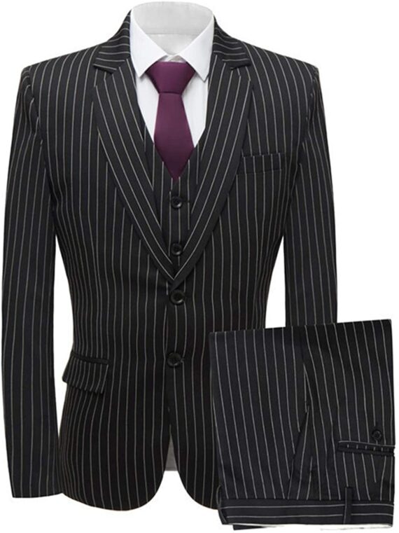 Lilis Men’s Slim Stripe Blazer 3 Piece Suit Jacket & Trousers & Vest Prom Evening