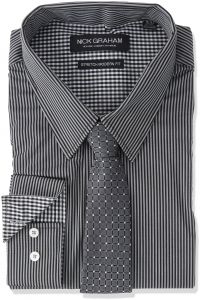 Men's Modern Fitted Shirt Nick Graham Men's Modern Fitted Pencil Strip Stretch Shirt with Micro Neat Tie