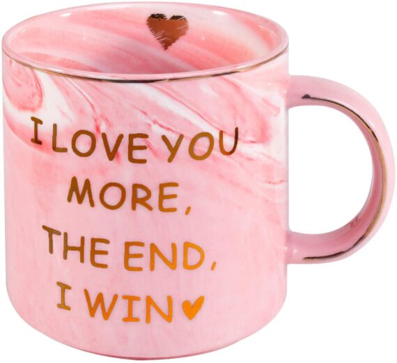 OEAGO Funny Gifts Mug for Girlfriend Women Wife. Funny Gifts 12 oz Marble Pink Coffee Mug,Christmas Valentine's Day Birthday Gift for Her Him Wife Print I Love You More The End I Win