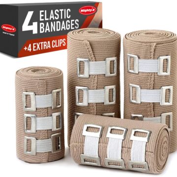 Premium Elastic Bandage Wrap - 4 Pack + 4 Extra Clips - Durable Compression Bandage (2x - 3 inch, 2x - 4 inch Rolls) Stretches up to 15ft in Length