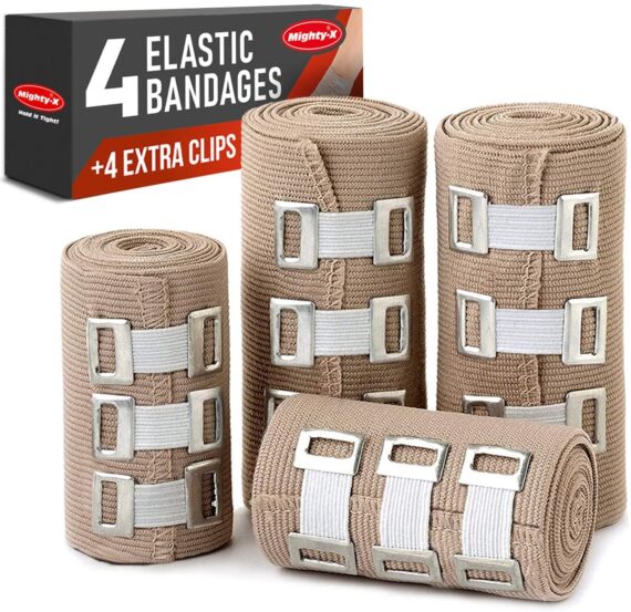 Premium Elastic Bandage Wrap - 4 Pack + 4 Extra Clips - Durable Compression Bandage (2x - 3 inch, 2x - 4 inch Rolls) Stretches up to 15ft in Length