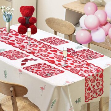 RioGree Valentines Day Decorations Table Runner & Placemats Set, 1 PCS Lace Heart Table Runner and 4 PCS Lace Table Placemats for Wedding Party Anniversary Valentine’s Day Sweetest Day Dinner Supplies