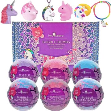 Unicorn Bubble Bath Bombs Unicorn Bubble Bath Bombs for Girls with Surprise Toys Inside by Two Sisters Spa. 6 Large 99% Natural Fizzies in Gift Box. Moisturizes Kids Dry Sensitive Skin. Releases Color, Scent, and Bubbles.