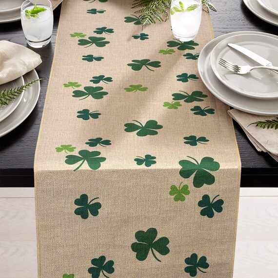 yuboo St Patrick’s Table Runner,14“x 72" Burlap Jute Table Linen with Green Shamrock for Spring Holiday Party Irish Decoration,Dresser/Cabinet/Dinning Table Decor